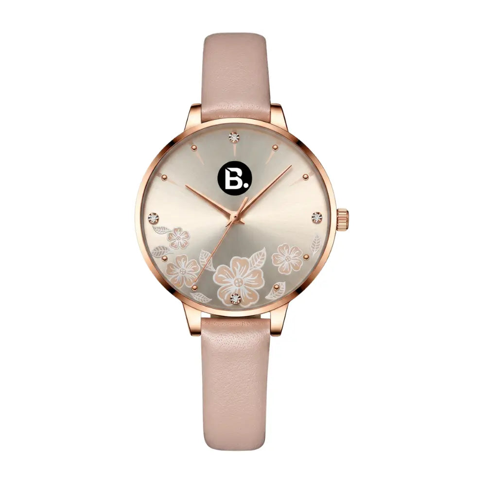 Elegant rose gold women's watch with floral dial design and pink leather strap.
