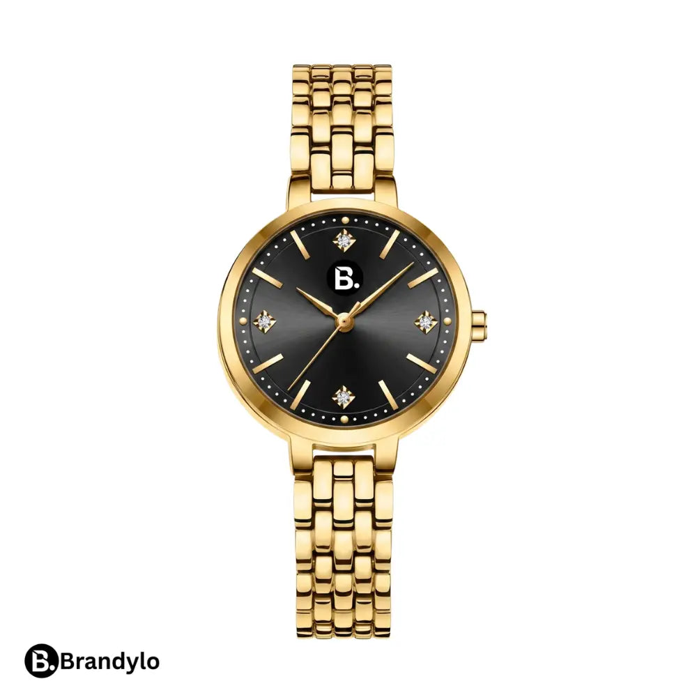 Elegant gold women's wristwatch with a black dial and sparkling crystal accents.