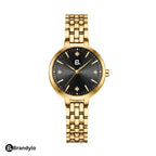 Elegant gold women's wristwatch with a black dial and sparkling crystal accents.