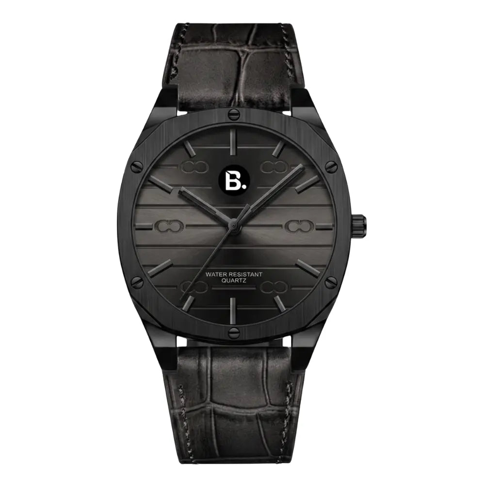Minimalist black quartz wristwatch with textured dial and crocodile leather strap