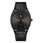 Minimalist black quartz men's watch with a textured dial and crocodile leather strap.