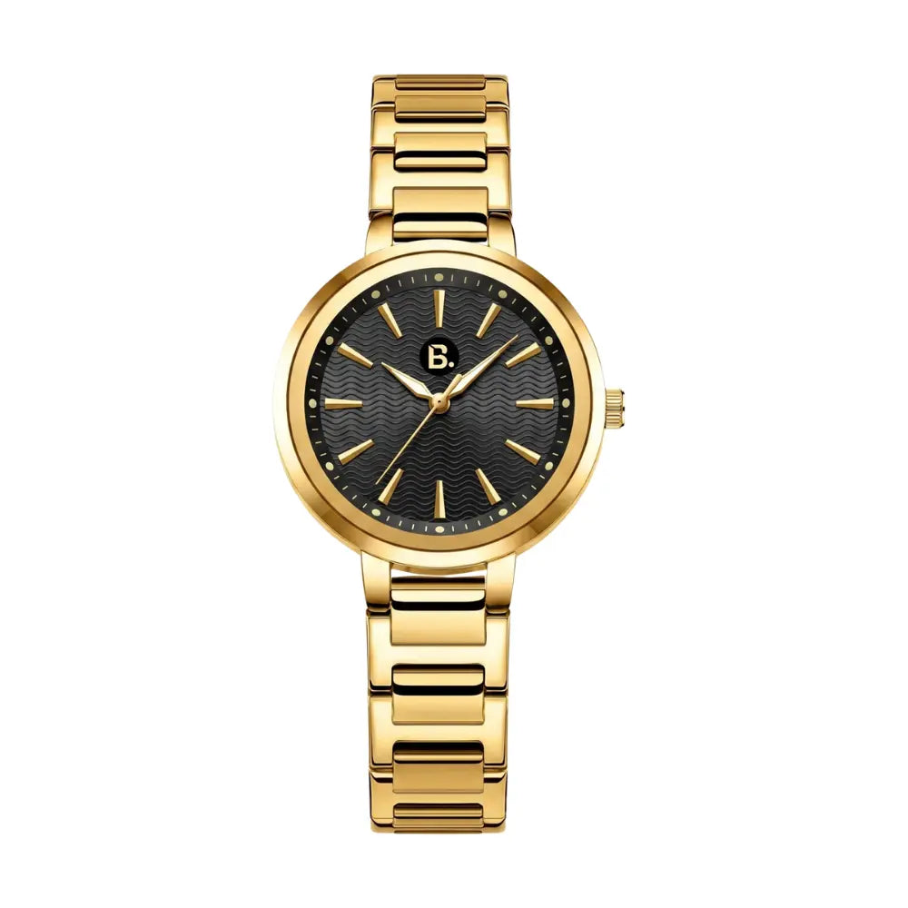 Elegant gold wristwatch with a black textured dial and gold link bracelet.