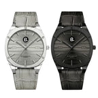 Two luxury quartz watches with crocodile leather straps in silver and matte black finishes.
