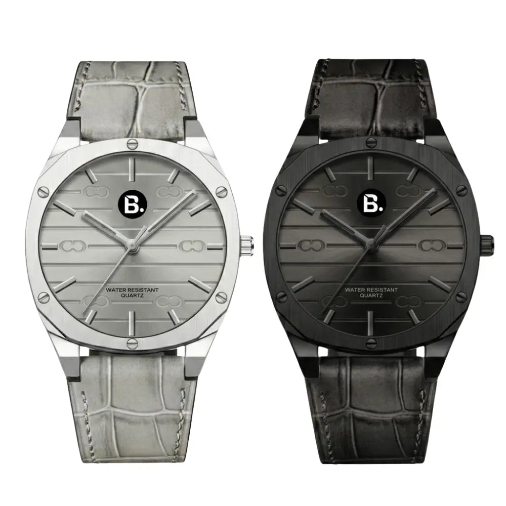 Two luxury quartz watches with crocodile leather straps in silver and matte black finishes.