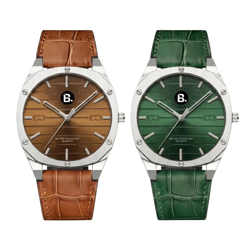Two luxury quartz watches with crocodile leather straps in brown and green.