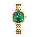 Elegant gold wristwatch with a vibrant green dial and luxury metal link bracelet.