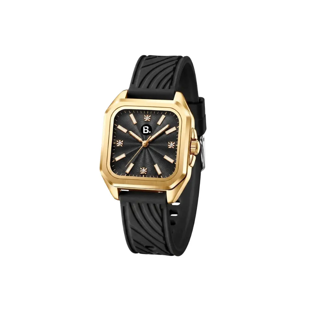 Luxury gold square face watch with black silicone strap and B. logo dial