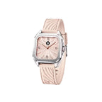 Elegant square rose gold watch with a light pink textured strap and minimalist dial.