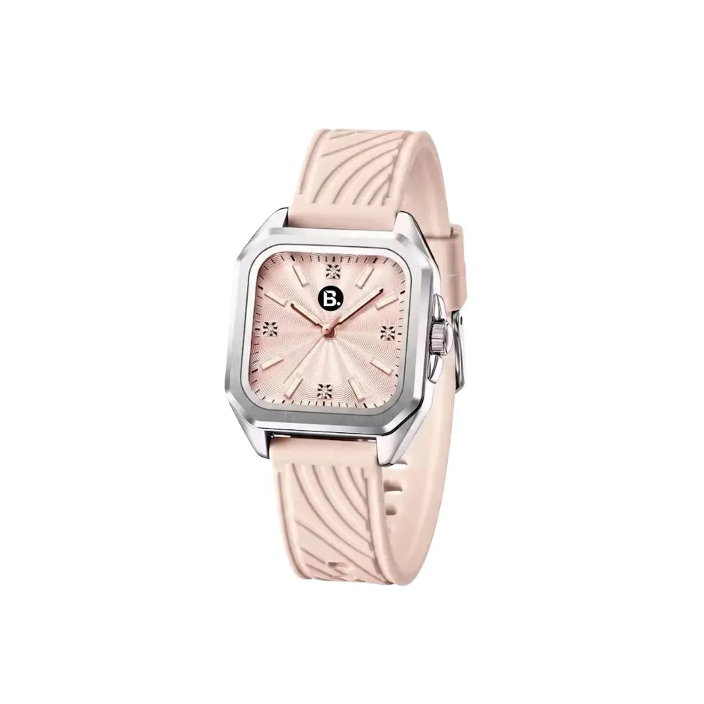 Elegant square rose gold watch with a light pink textured strap and minimalist dial.