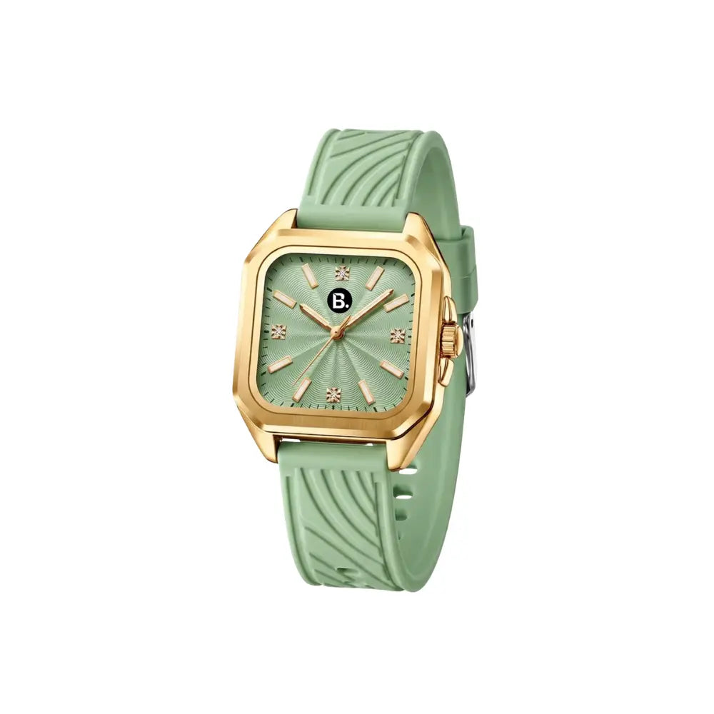 Elegant sage green women's watch with a gold square case and textured silicone strap.