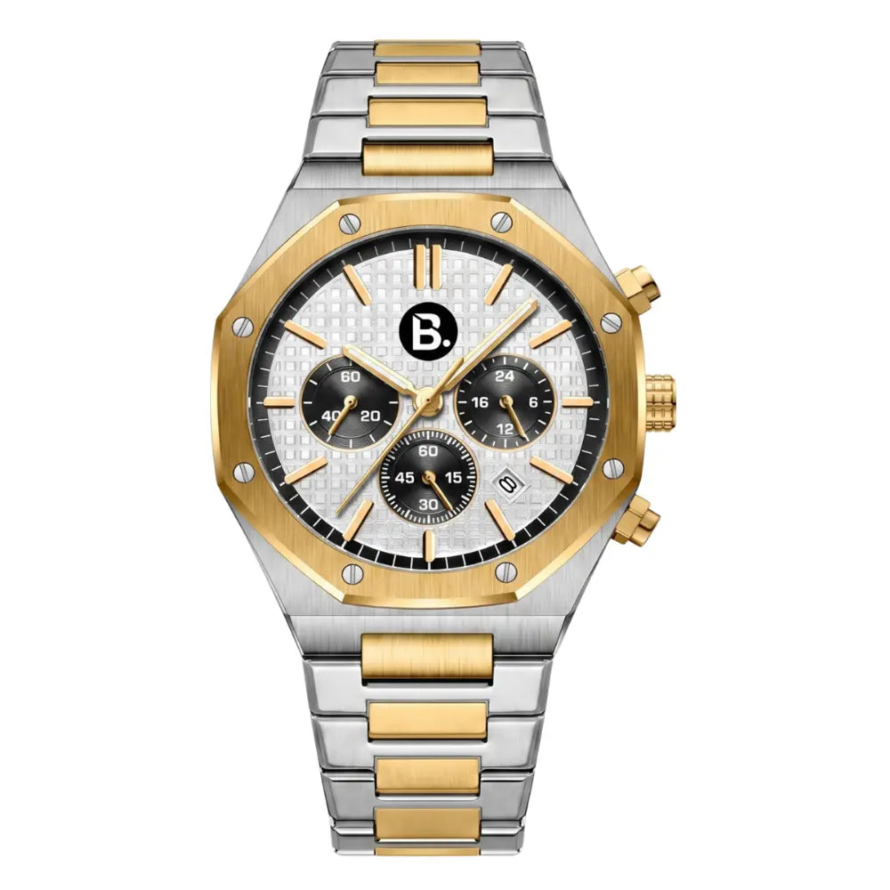 Luxury two-tone gold and silver chronograph watch with white textured dial and B. logo.