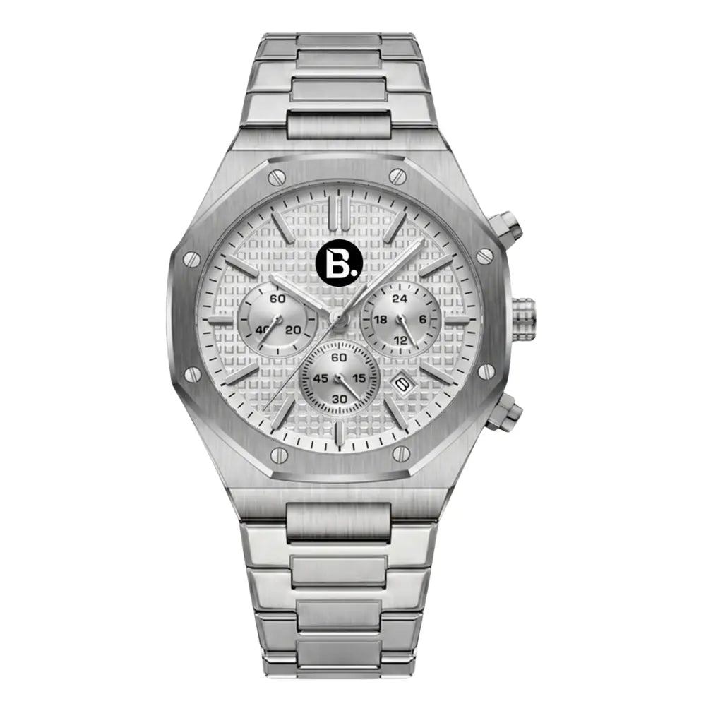 Silver stainless steel luxury chronograph watch with textured dial and metal link bracelet