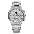 Silver stainless steel luxury chronograph watch with textured white dial and metal bracelet