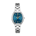 Elegant silver stainless steel watch with a blue dial and gold Roman numeral markers.