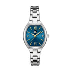Elegant silver stainless steel watch with a blue dial and gold Roman numeral markers.