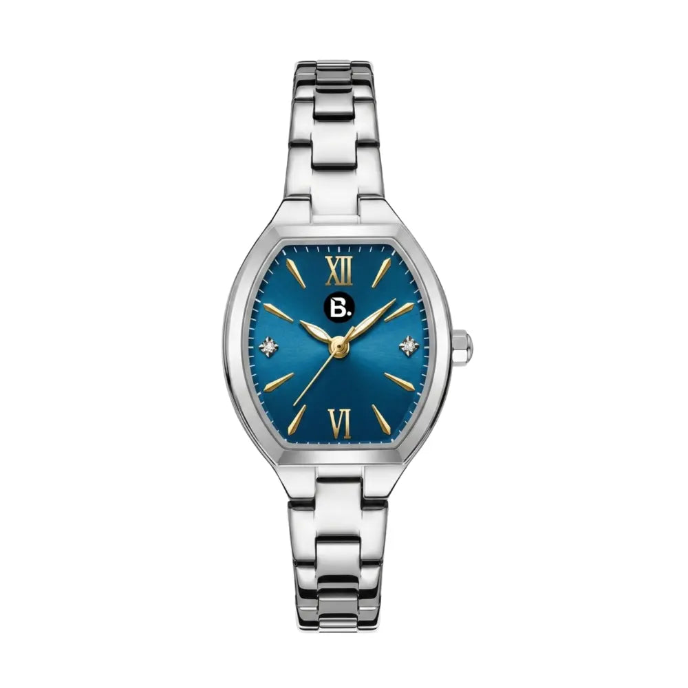 Elegant silver stainless steel watch with a blue dial and gold Roman numeral markers.