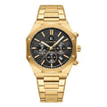 Luxury gold men's wristwatch with a black textured dial and integrated metal bracelet.