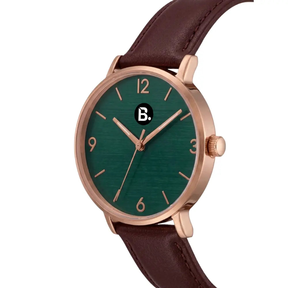 Rose gold wrist watch with a deep green dial and brown leather strap