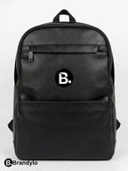 Black faux leather backpack with a white B logo on a plain white background.