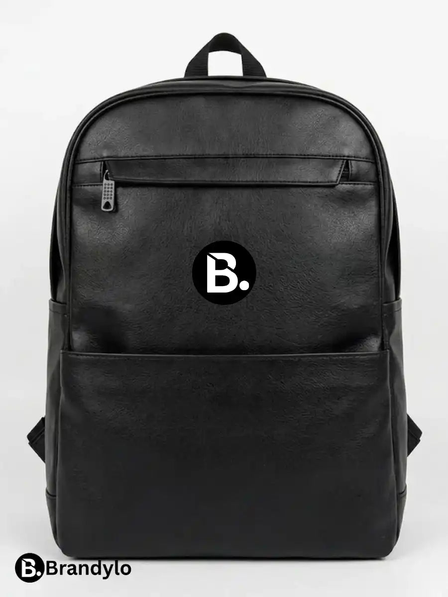 Black faux leather backpack with a white B logo on a plain white background.
