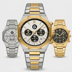 Three luxury men's chronograph watches with metal link bracelets in silver and gold tones.