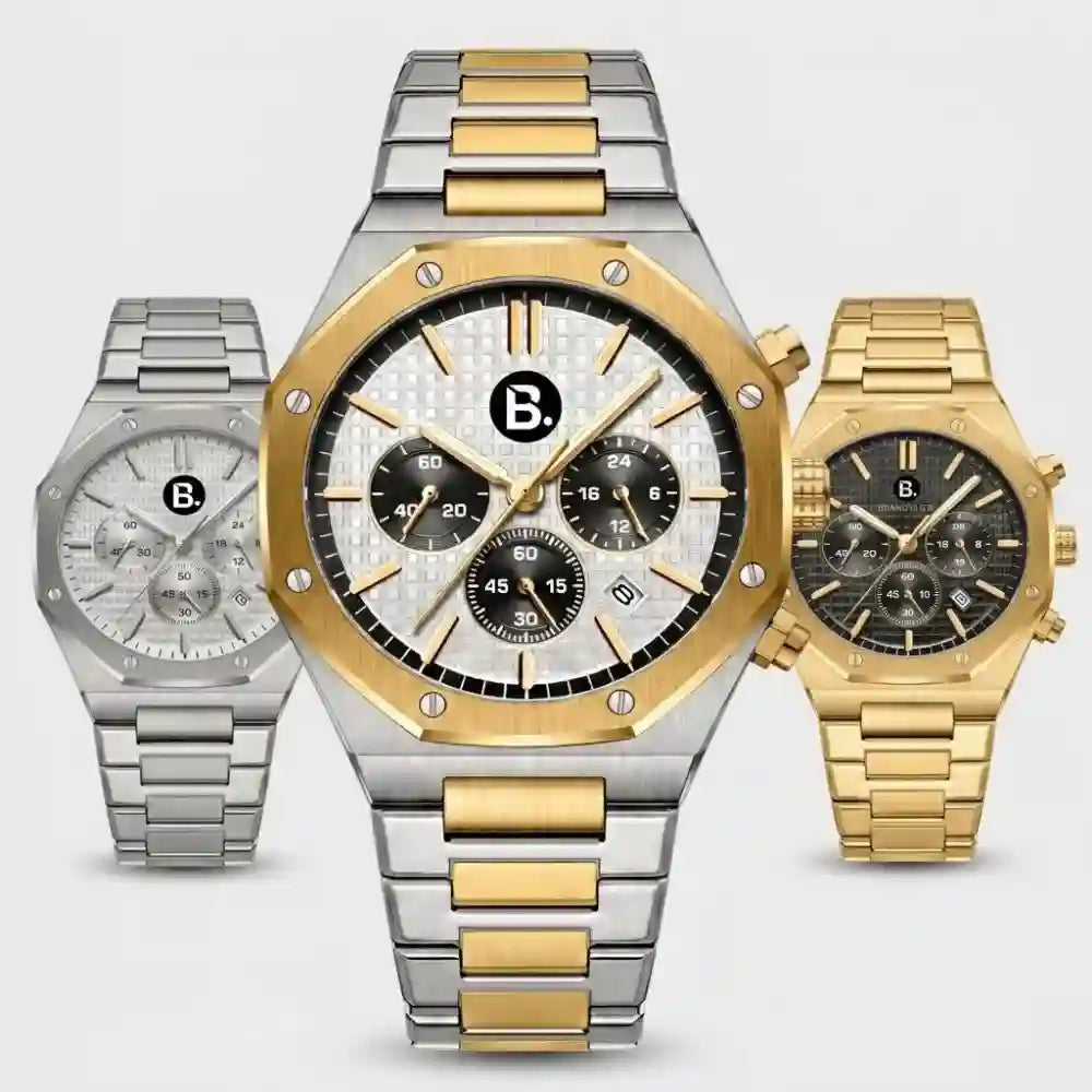 Three luxury men's chronograph watches with metal link bracelets in silver and gold tones.