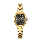 Elegant gold ladies' watch with a black dial and Roman numeral markers.