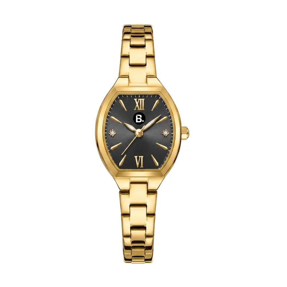 Elegant gold ladies' watch with a black dial and Roman numeral markers.