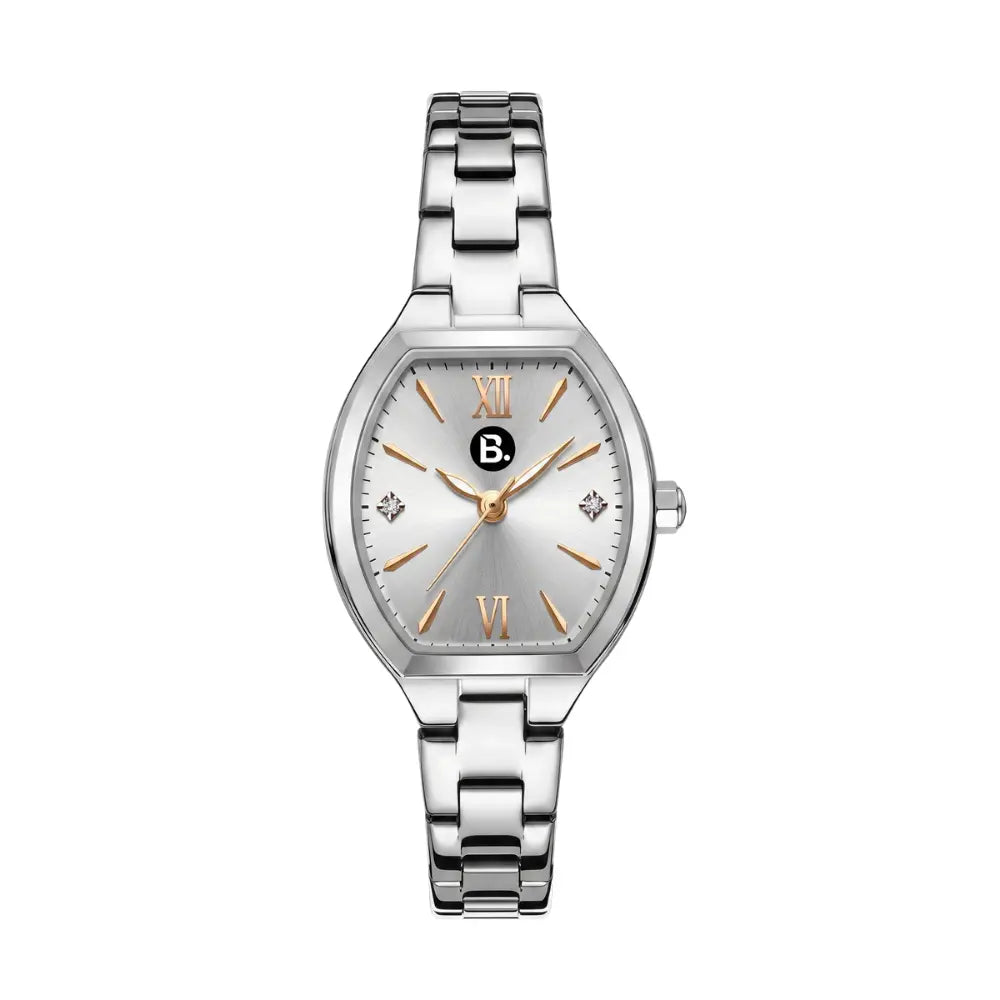 Silver stainless steel women's watch with champagne dial and rose gold accents