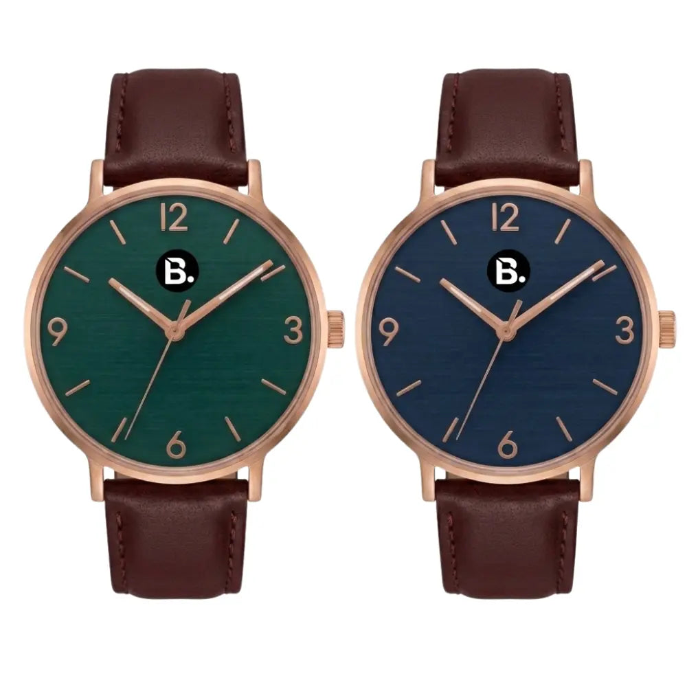 Two minimalist wristwatches with rose gold cases, leather straps, and green and blue dials.