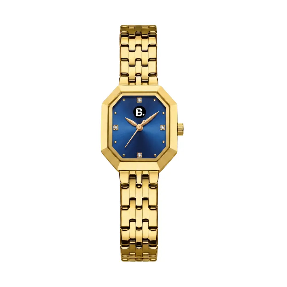 Elegant gold women's watch with an octagonal case and blue dial featuring B. logo.