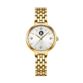 Elegant gold women's wristwatch with a white dial and diamond-style accents.