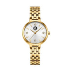 Elegant gold women's wristwatch with a white dial and diamond-style accents.