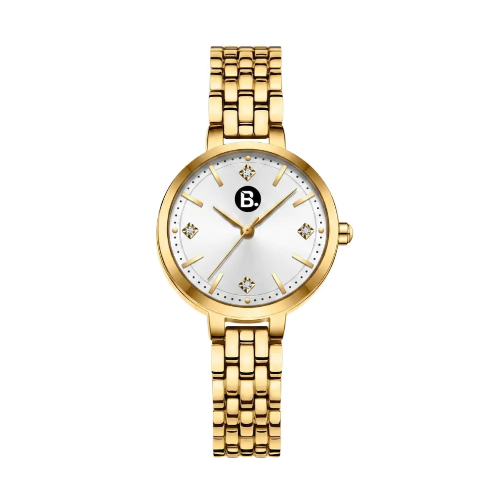 Elegant gold women's wristwatch with a white dial and diamond-style accents.