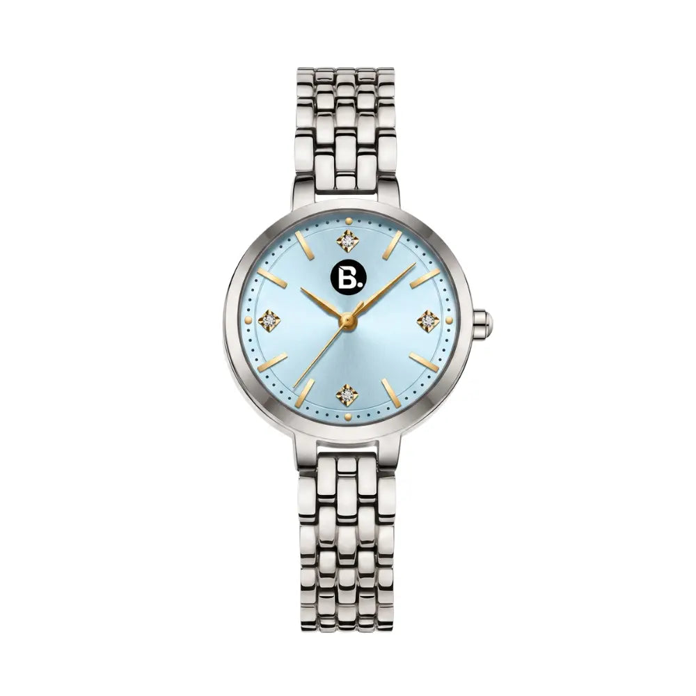 Elegant silver stainless steel women's watch with a light blue dial and gold accents.