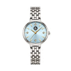 Elegant silver stainless steel women's watch with a light blue dial and gold accents.