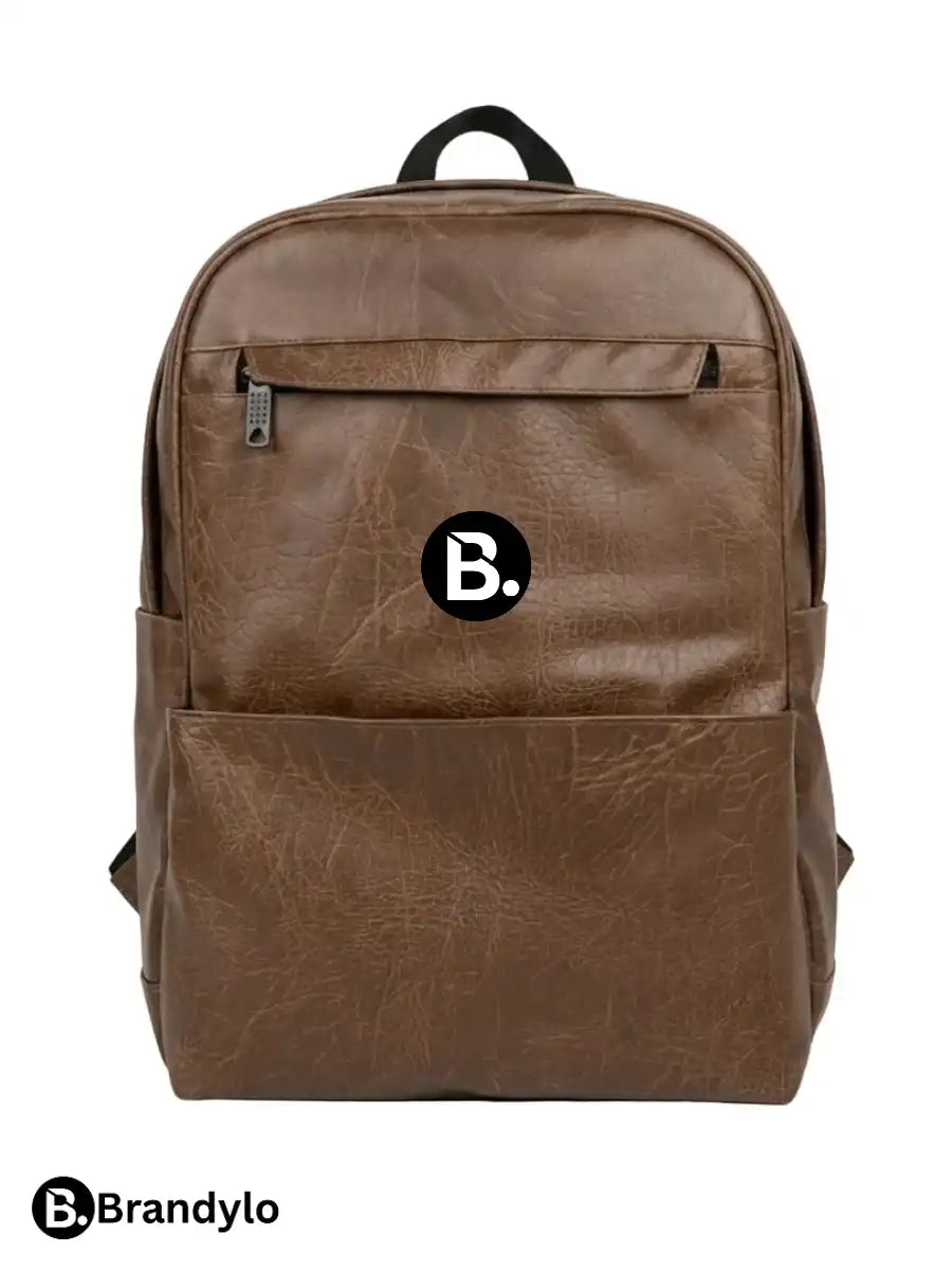 Brown faux leather backpack with a minimalist B logo design.
