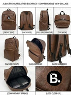 Albus premium brown leather backpack collage showing multiple angles and interior compartments.
