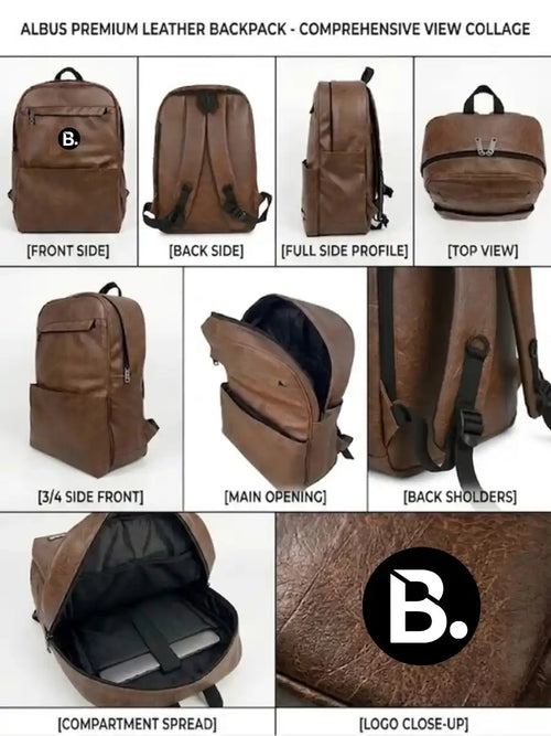 Albus premium brown leather backpack collage showing multiple angles and interior compartments.