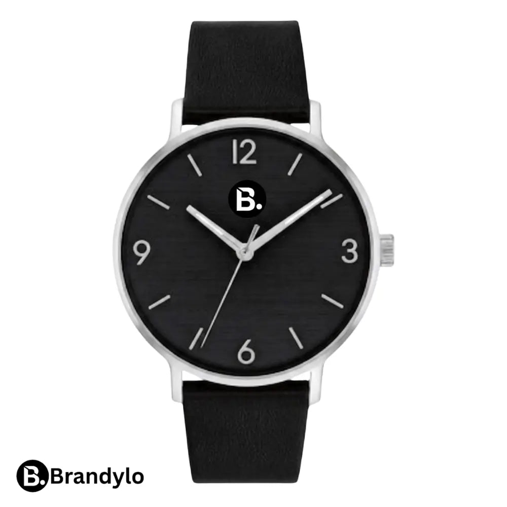 Minimalist wristwatch with a black dial, silver case, and black leather strap.