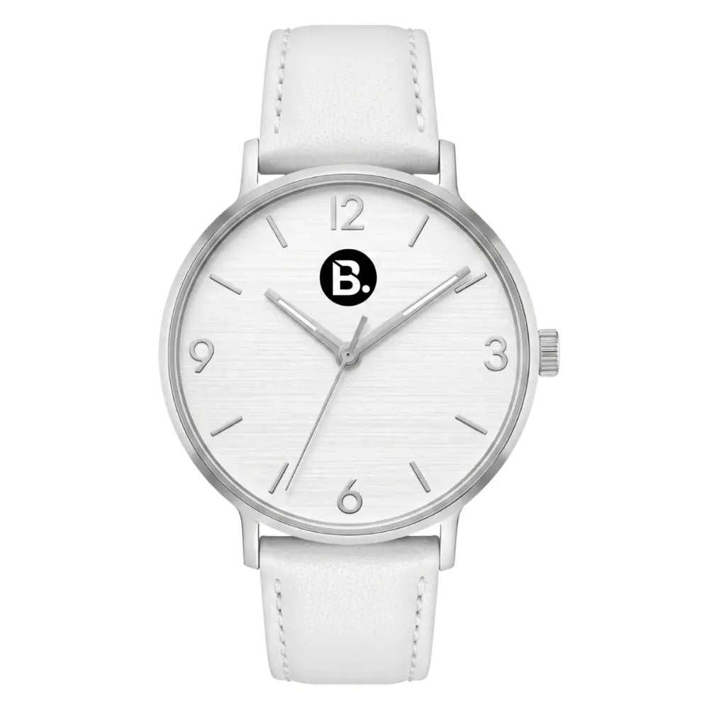 Minimalist white analog watch with a white leather strap and silver-tone case.