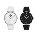Two minimalist wristwatches, one with a white strap and face, one with a black strap and face.