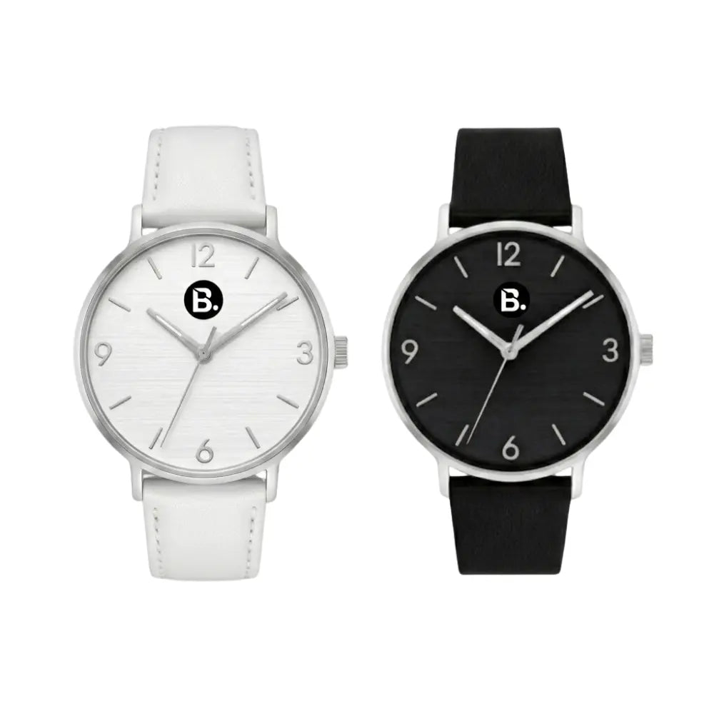 Two minimalist wristwatches, one with a white strap and face, one with a black strap and face.