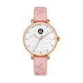 Elegant rose gold women's watch with white floral dial and pink embossed leather strap
