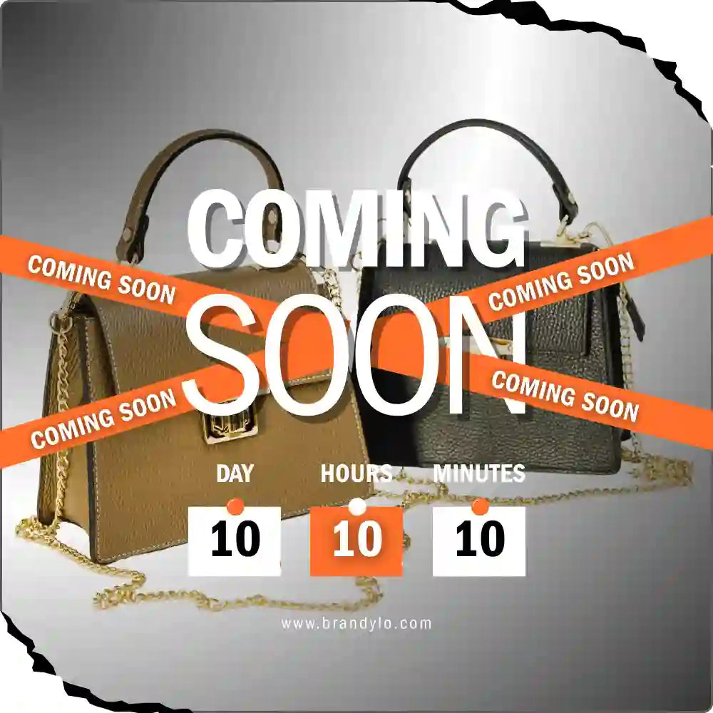 Two elegant leather handbags with gold chain straps, coming soon countdown timer.