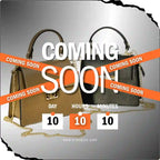 Two elegant leather handbags with gold chain straps, coming soon countdown timer.