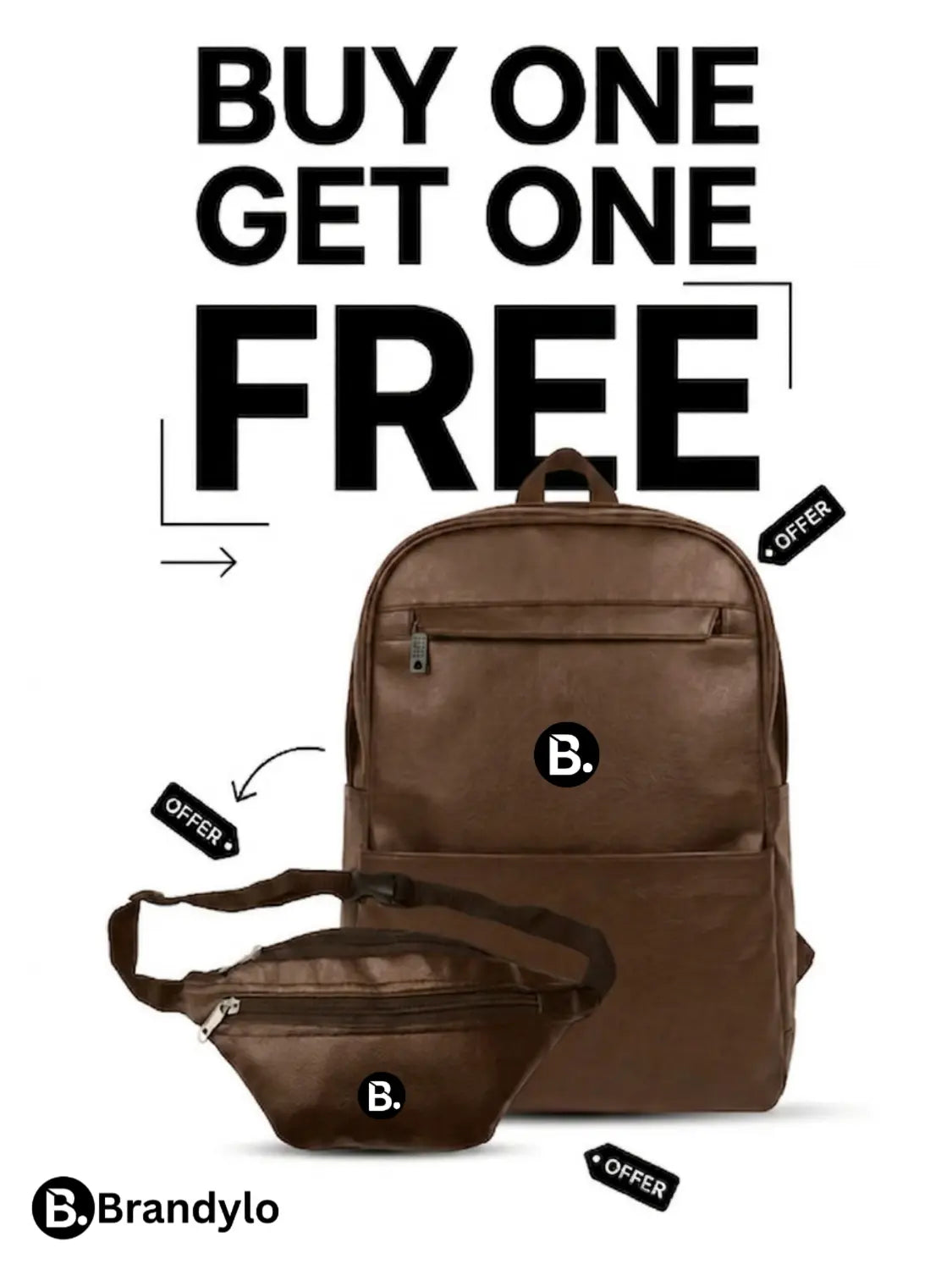Buy one get one free offer on a brown leather backpack and matching waist bag.