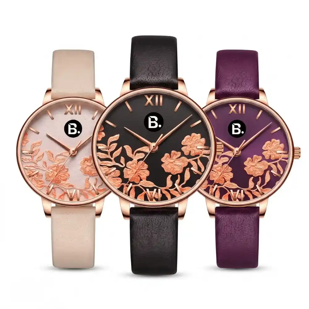 Set of three women's rose gold floral watches with leather straps in cream, black, and purple.