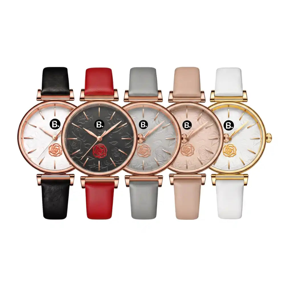 Set of five elegant women's rose gold watches with leather straps in black, red, grey, pink, and white.