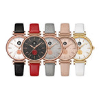 Set of five elegant women's rose gold watches with leather straps in black, red, grey, pink, and white.